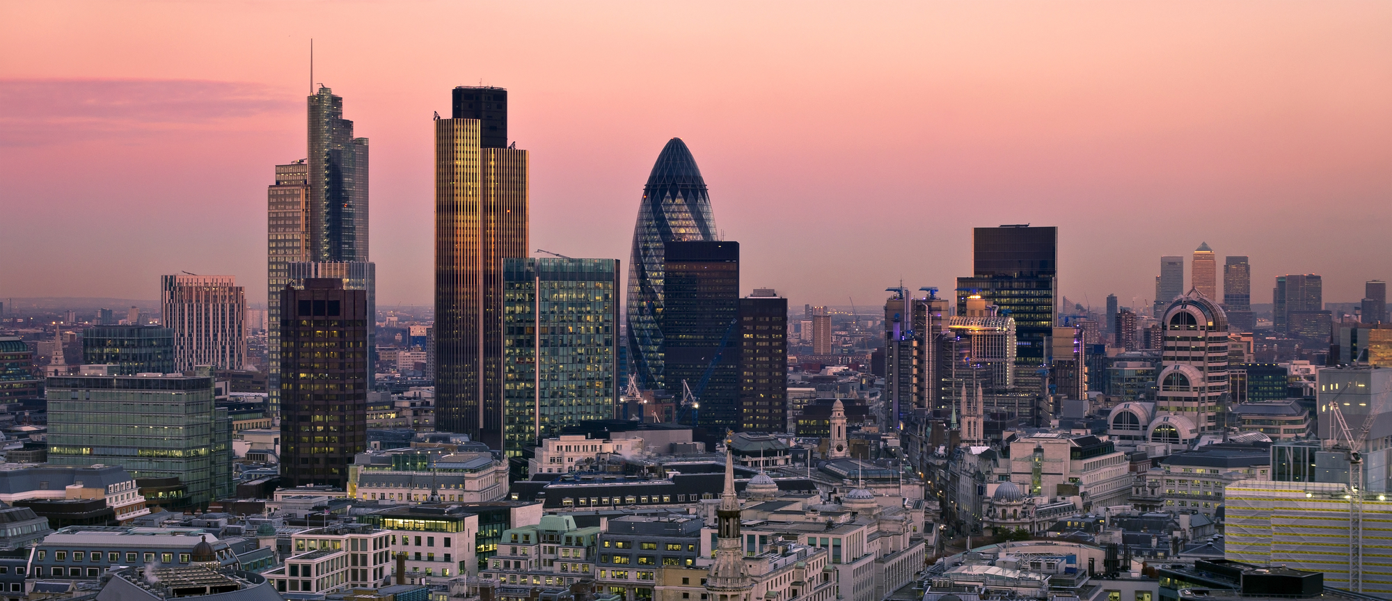 City of London one of the leading centres of global finance. This view includes Tower 42 Gherkin,Willis Building, Stock Exchange Tower and Lloyd`s of London and Canary Wharf at the background.